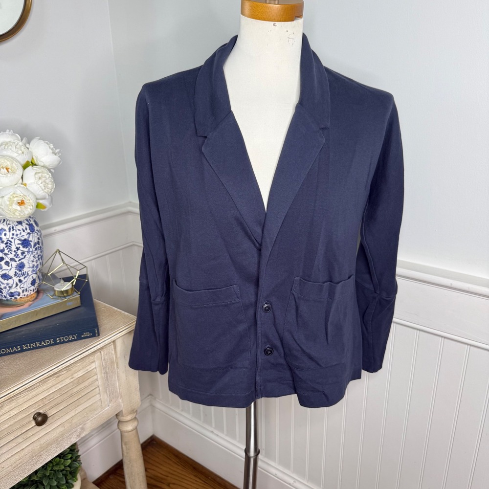 Pact Organic Cotton Navy Blue Jersey Knit Two Button Relaxed Blazer Small